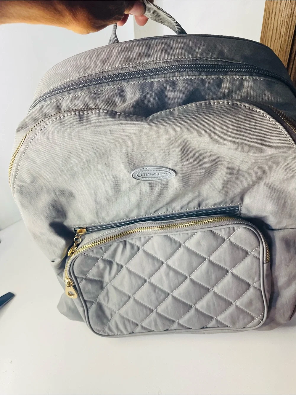 Lily & Drew Light wright Gray Nylon Backpack Organizer Gold Zippers Spacious